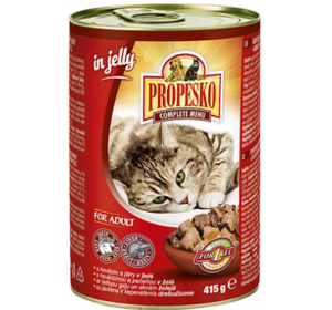 Влажный корм для кошек Propesko Консервы кусочки с говядиной и печенью в желе, 415г