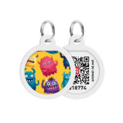 Адресник для собак і котів металевий WAUDOG Smart ID з QR паспортом, малюнок “Мохнаті монстри”, коло, Д 25 мм