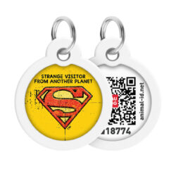 Адресник для собак і котів металевий WAUDOG Smart ID з QR паспортом, малюнок “Супермен вінтаж”, коло, Д 30 мм