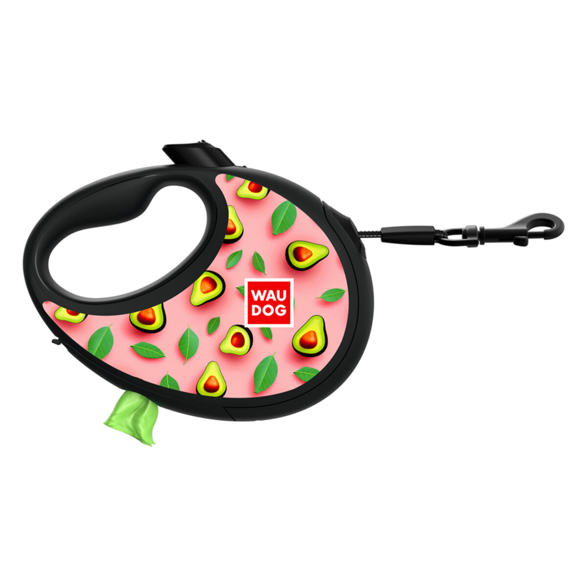 Повідець-рулетка для собак WAUDOG R-leash з контейнером для пакетів, малюнок "Авокадо на рожевому", світловідбивна стрічка, S, до 12 кг, 3 м