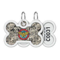 Адресник для собак і котів металевий WAUDOG Smart ID з QR паспортом, малюнок “Чудо-жінка 2”, кістка, Д 40 мм, Ш 28 мм