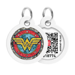 Адресник для собак і котів металевий WAUDOG Smart ID з QR паспортом, малюнок “Чудо-жінка 2”, коло, Д 30 мм
