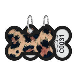Адресник для собак і котів металевий WAUDOG Smart ID з QR паспортом, малюнок “Леопард”, кістка, Д 40 мм, Ш 28 мм