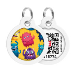 Адресник для собак і котів металевий WAUDOG Smart ID з QR паспортом, малюнок “Мохнаті монстри”, коло, Д 30 мм