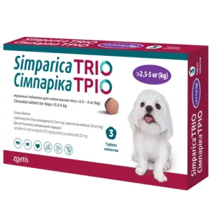 Simparica TRIO (Сімпаріка ТРІО) таблетки від бліх, кліщів та гельмінтів для собак від 2,5 до 5 кг