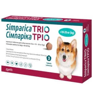 Simparica TRIO (Сімпаріка ТРІО) таблетки від бліх, кліщів та гельмінтів для собак від 10 до 20 кг,