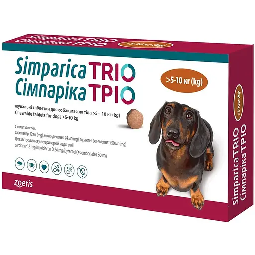 Simparica TRIO (Сімпаріка ТРІО) таблетки від бліх, кліщів та гельмінтів для собак від 5 до 10 кг