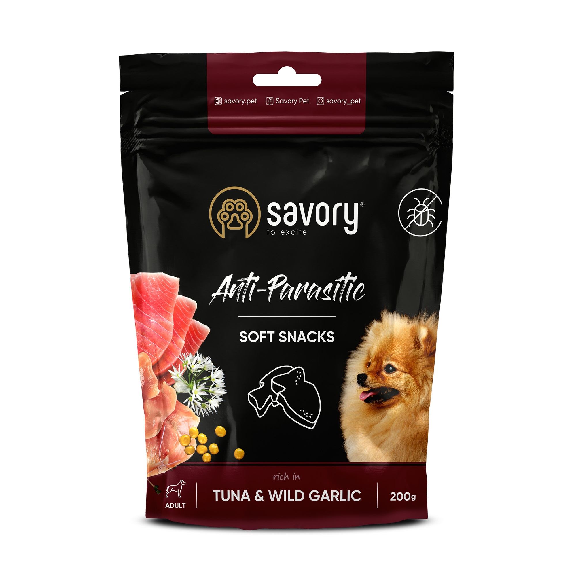 Ласощі Savory з антипаразитарним ефектом для собак, тунець та дикий часник Savory Dog Soft Snacks
