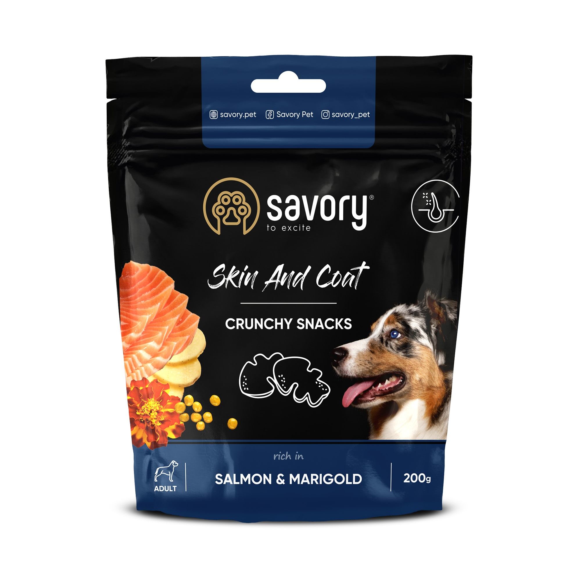 Ласощі Savory для здоров'я шкіри та шерсті собак, лосось та чорнобривці , хрусткі 200г