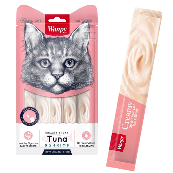 Ласощі для котів Wanpy Creamy Lickable Treats Tuna & Shrimp ВАНПІ ТУНЕЦЬ З КРЕВЕТКАМИ рідкі 14 г х 5 шт