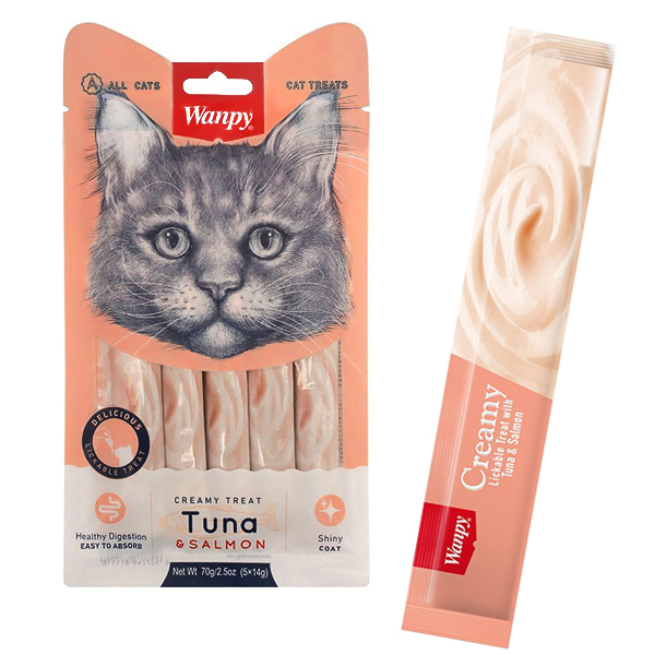 Wanpy Creamy Lickable Treats Tuna & Salmon ВАНПІ ТУНЕЦЬ З ЛОСОСЕМ рідкі ласощі для котів 14 г х 5 шт