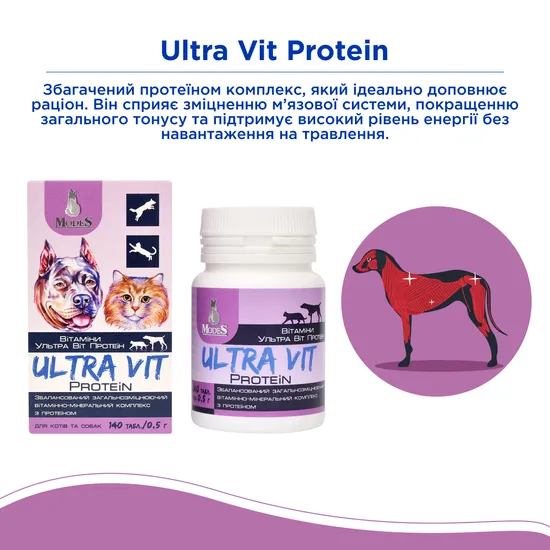 Ультра Віт Протеін (Ultra Vit Protein) вітамінно-мінеральні комплекси для собак та котів 140шт*0,5г, MODES - Зображення 2