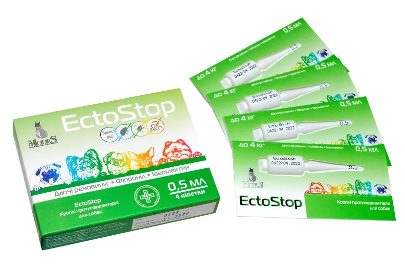 ЕктоСтоп (EctoStop) протипаразитарні краплі для собак до 4 кг, 0,5 мл, MODES (від бліх, від кліщів, від гельмінтів) 1 піпетка - Зображення 2