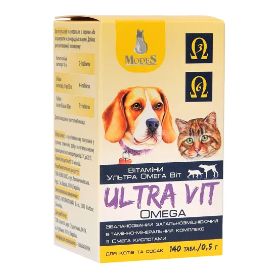 Ультра Віт Омега (Ultra Vit Omega) вітамінно-мінеральні комплекси для собак та котів 140шт*0,5г MODES